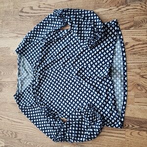 (L) Como Blue Soft Statement Sleeves Ruched Bohemian Chic Cottagecore Geometric